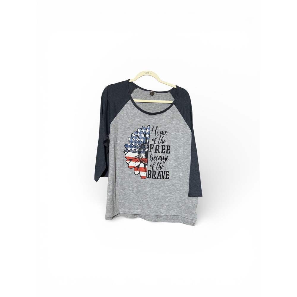 Delta Apparel Womens 2XL Patriotic Sunflower Raglan Tee Gray Navy 3/4 Sleeve Top